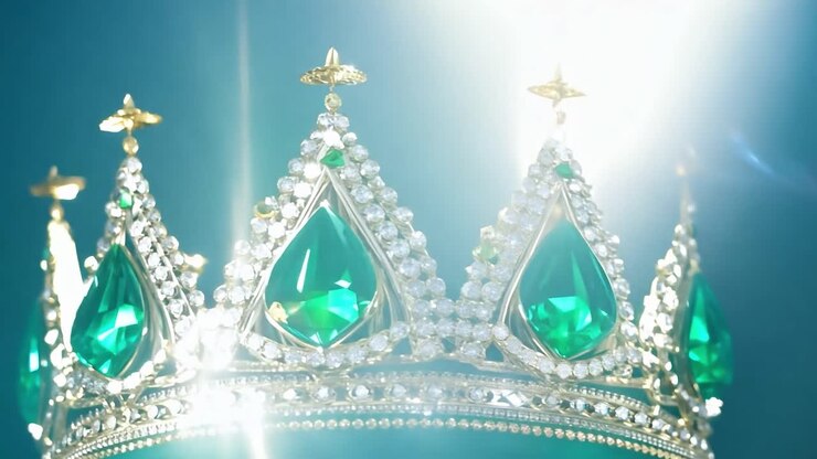 Primo piano di una corona d'oro con smeraldi verdi
