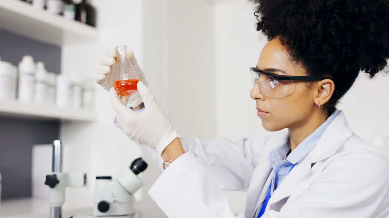 Scientist, lab and woman with chemical in beaker