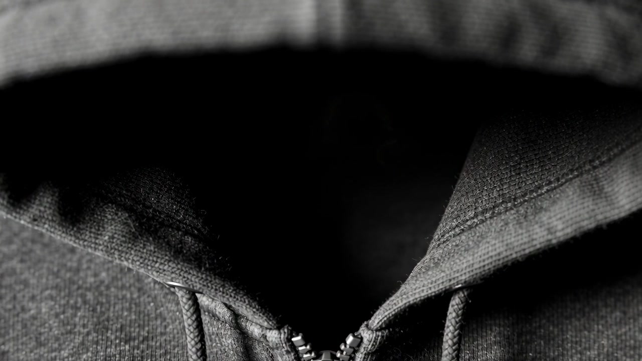 Pulling camera showing hooded torso shifting in studio to reveal zipper pull, drawstrings shadow