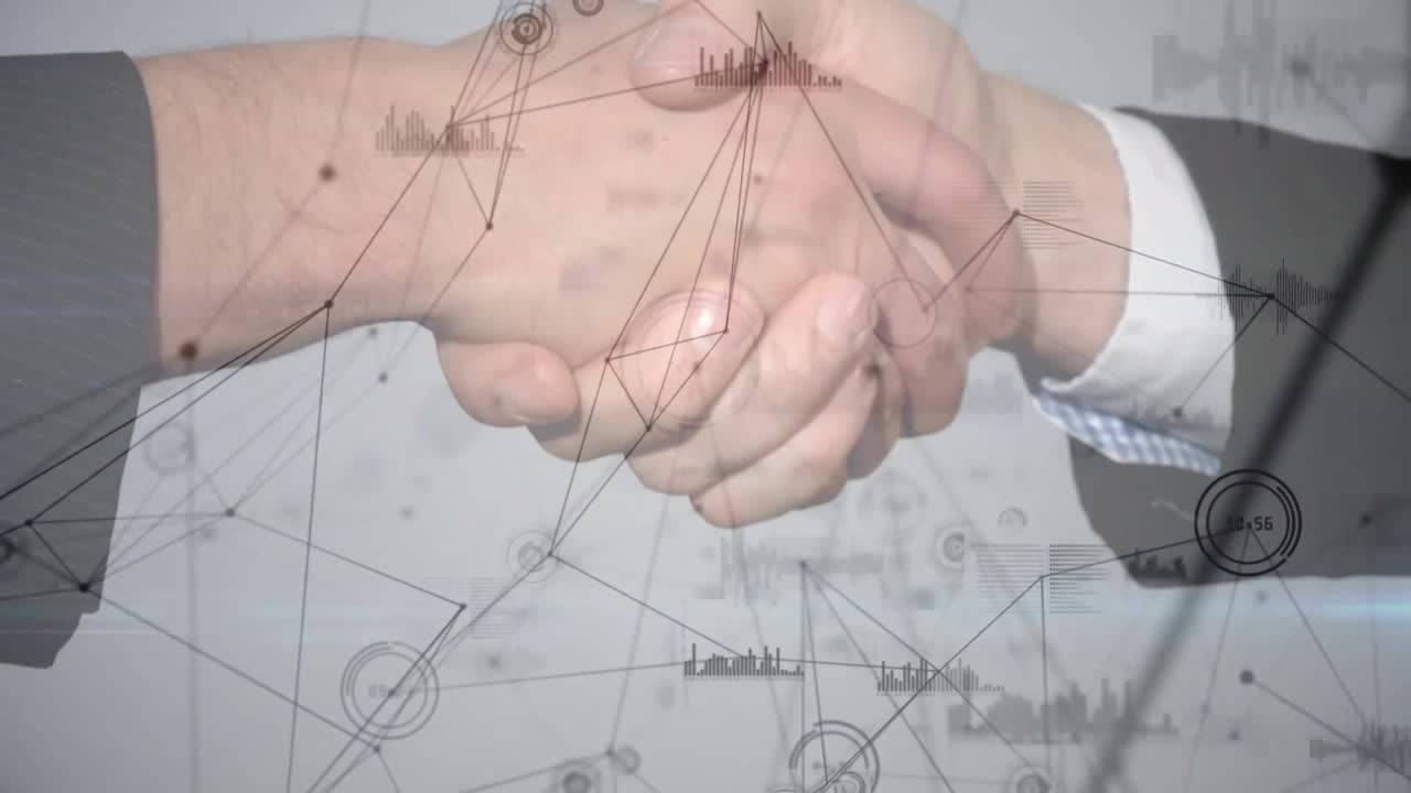 Dua rekan bisnis masuk dengan telapak tangan terbuka, memulai jabat tangan menyegel kesepakatan dengan overlay jaringan.