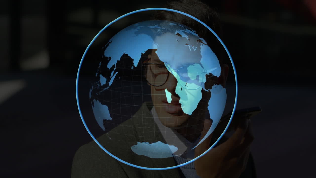 Talking on phone, person with animation of digital globe overlay showing continents