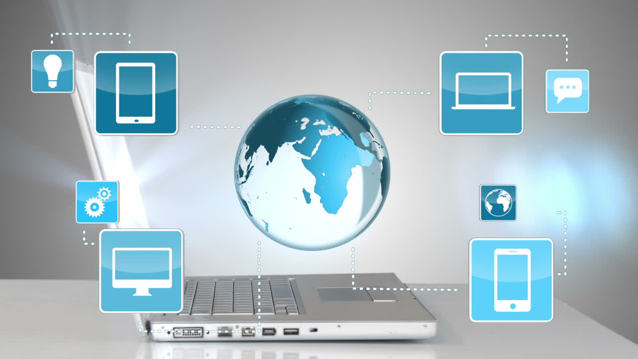 globo giratorio y iconos apareciendo por el portátil