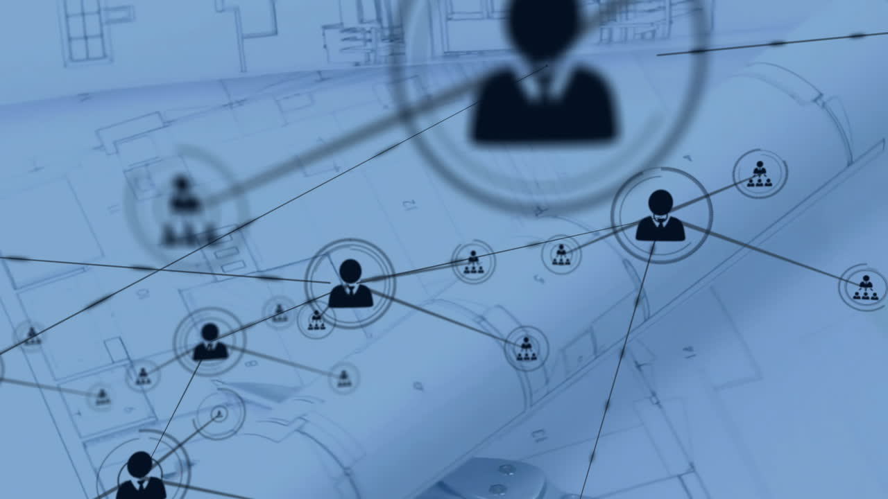 animación de la red de conexiones con iconos sobre los dibujos del arquitecto