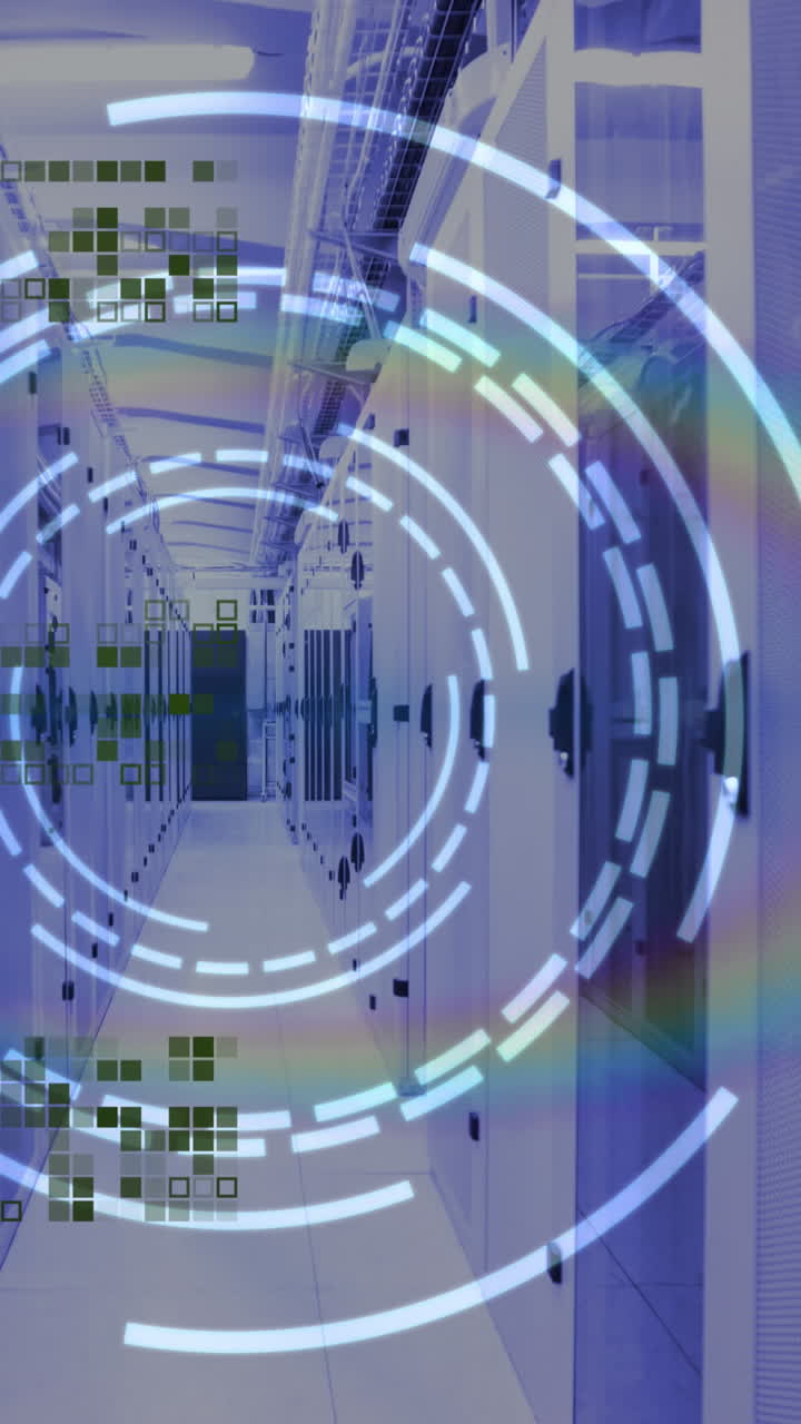 animación del procesamiento de datos y el escaneo de alcance sobre la sala de servidores