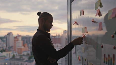 silhueta de freelance leyendo notas al atardecer oficina de primer plano. hombre desconocido reflexionando