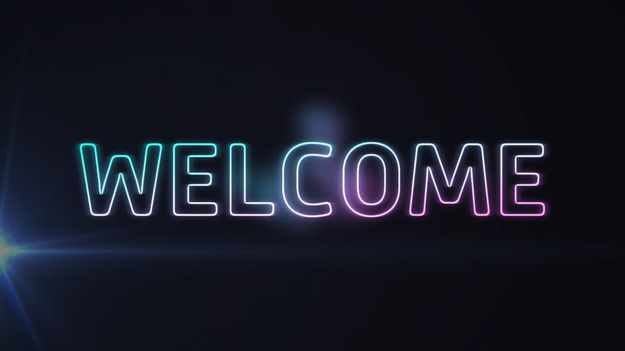 Animation of welcome neon text over light trails on dark background