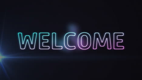 animation of welcome neon text over light trails on dark background