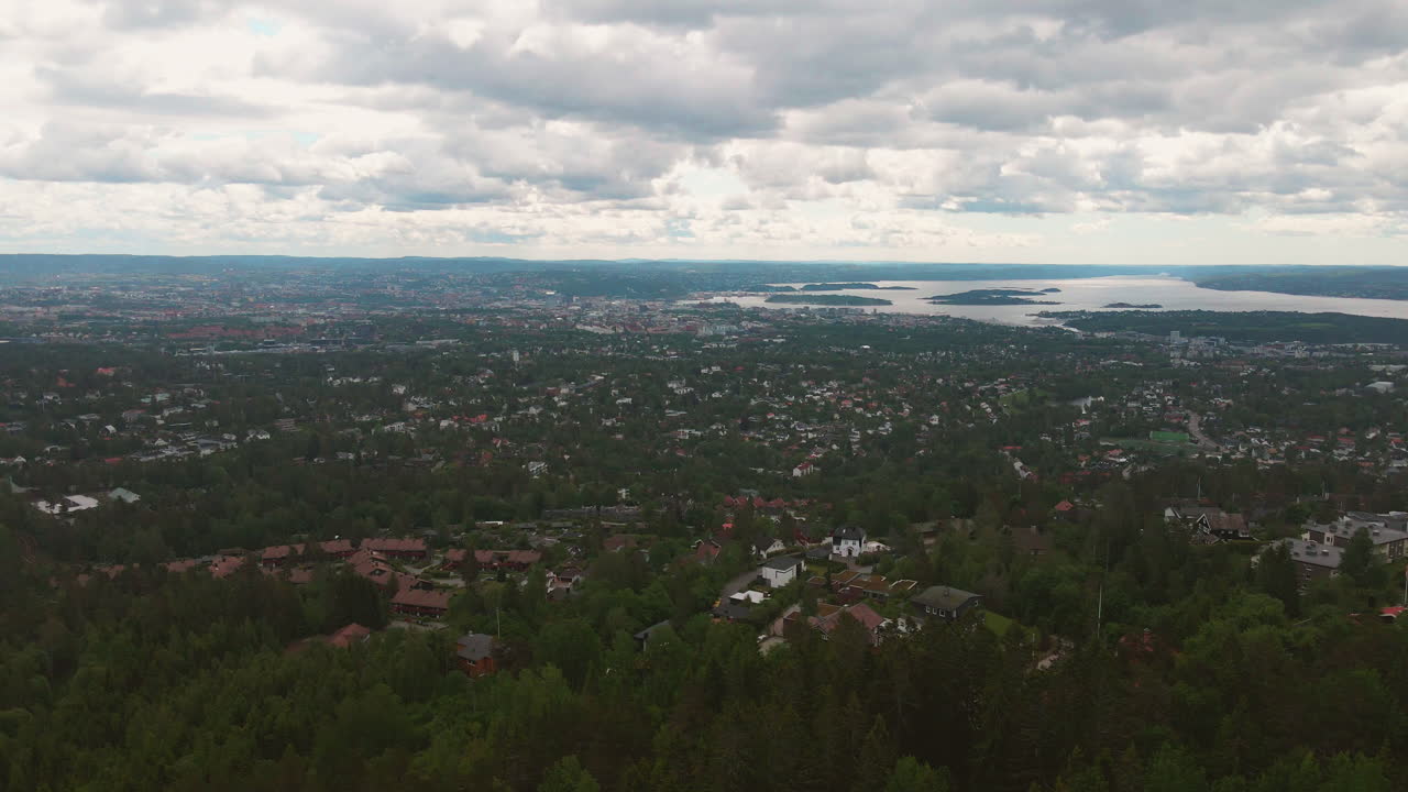 Aerial view over Oslo, Norway on a sunny day. Looking towards city center
