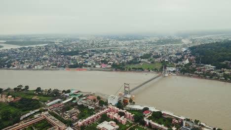 aerial view of janki setu in rishikesh during diwali festival. day view of rishikesh city in uttarakhand during monsoon.