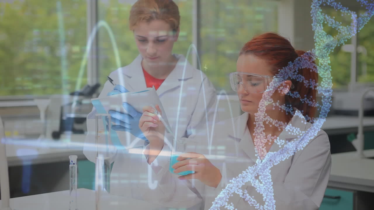 ученый проводит эксперимент против кривой и спирали днк