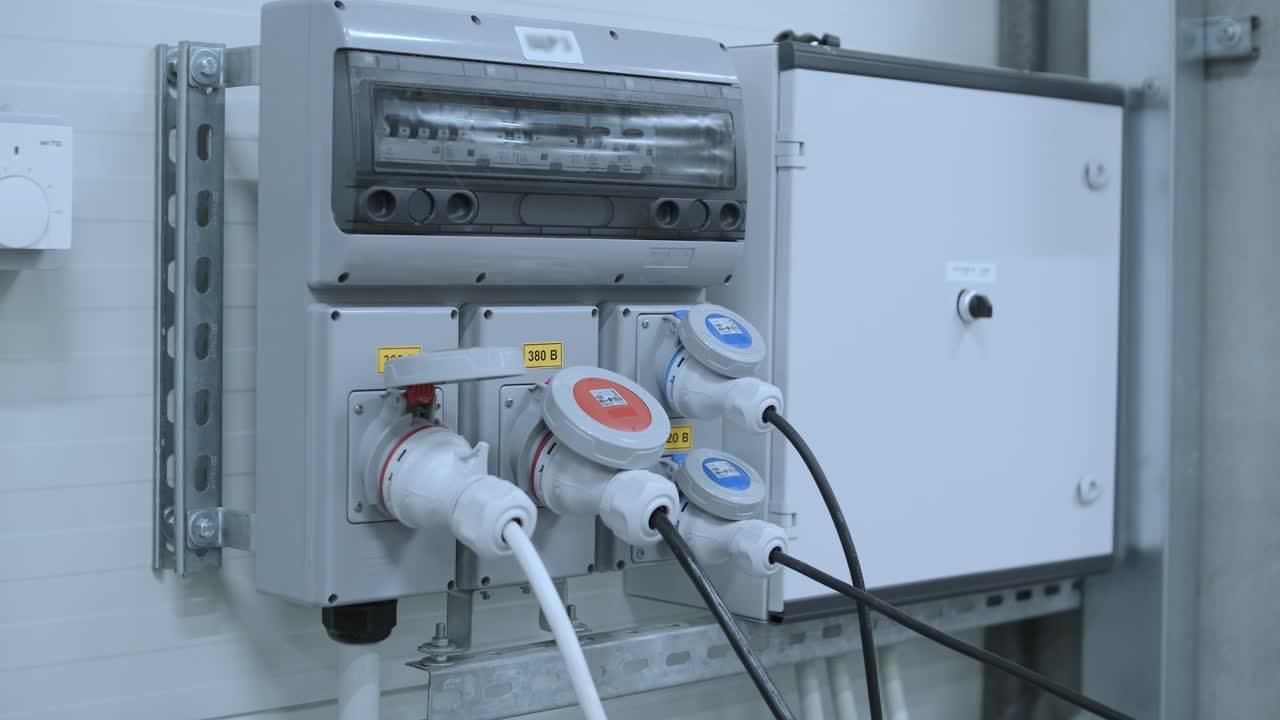 산업용 소켓과 배포판의 플러그. 공장 현장 전기