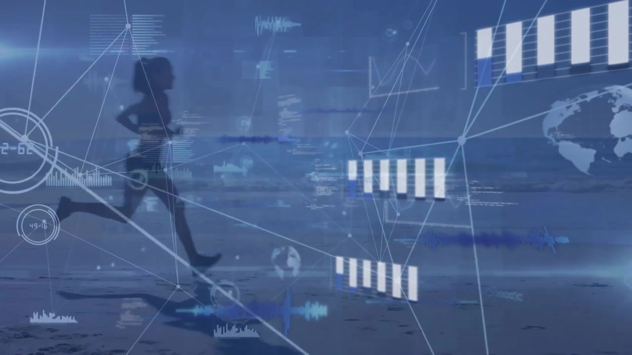 Animation of network of connections with data processing over caucasian woman running on beach