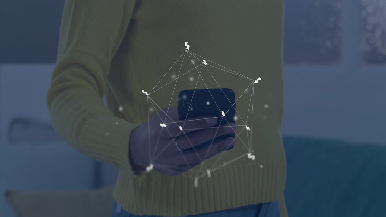 스마트 폰을 사용하는 코카시안 남자에 대한 연결과 함께 지구촌의 애니메이션