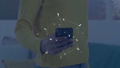animación del globo con conexiones sobre el hombre caucásico usando teléfono inteligente
