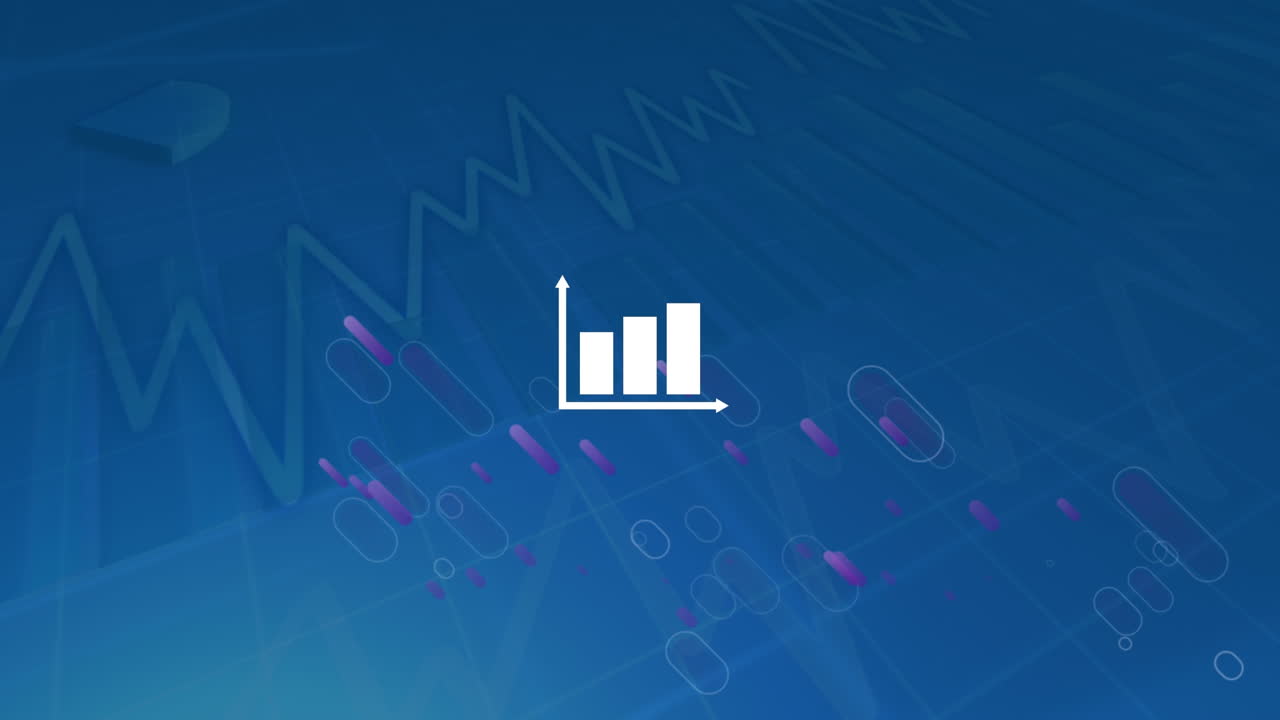 Animation of graph and purple light trails over data on blue background