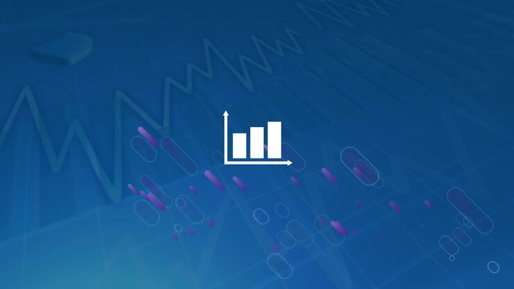 Animation of graph and purple light trails over data on blue background