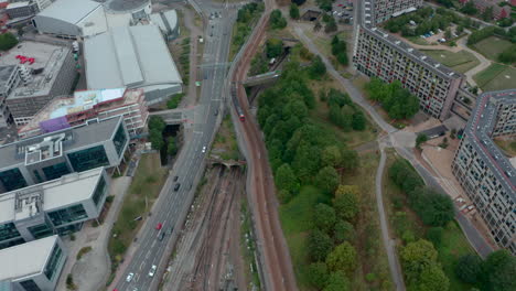 overhead follow shot of sheffield city tram