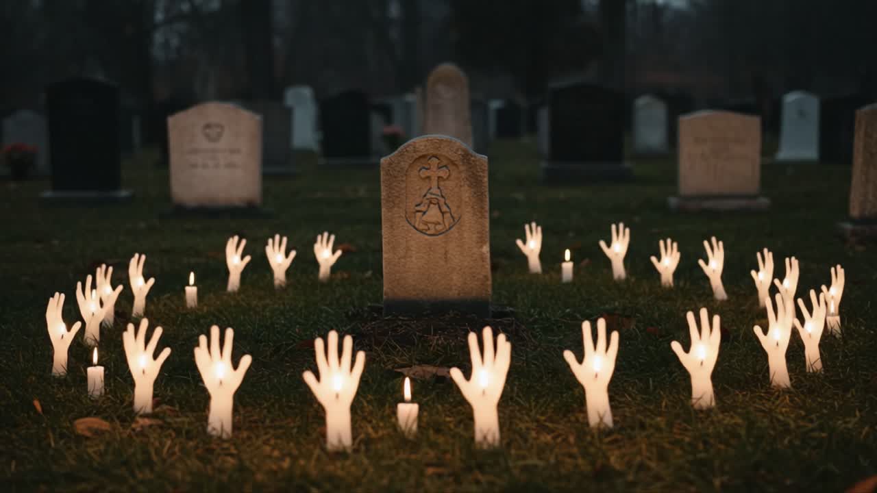 A Dark and Mysterious Graveyard Scene Emphasizes Eerie Rituals with Emanating Candles and Spectral Hands Surrounding an Obscure Tombstone at Twilight