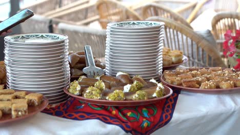 view of food in open buffet, close up shot, high angle shot