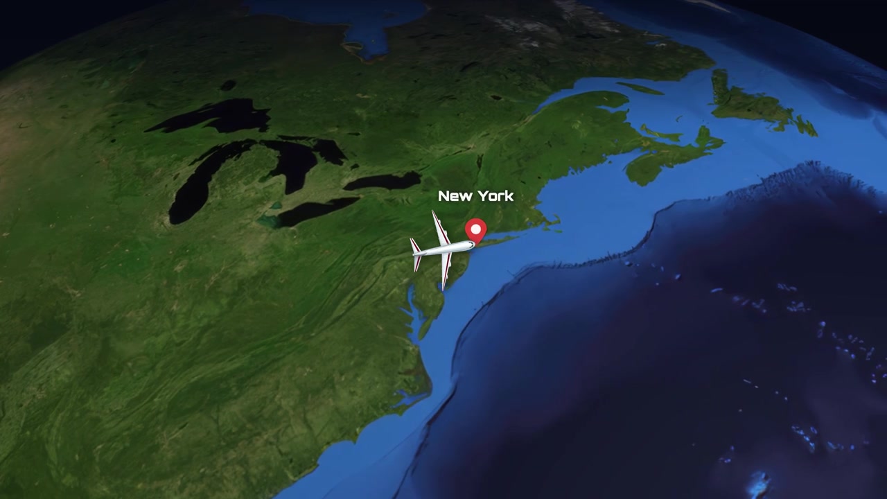 Satellite view animation follows a commercial airplane flying from Melbourne across oceans to New York