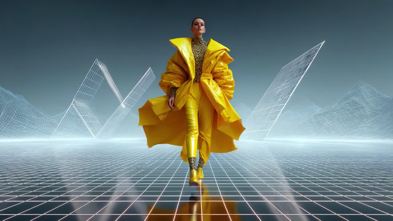 A striking fashion display featuring a model confidently walking in a vivid yellow ensemble, showcasing bold cuts and intricate patterns against a futuristic, geometric landscape with a digital vibe