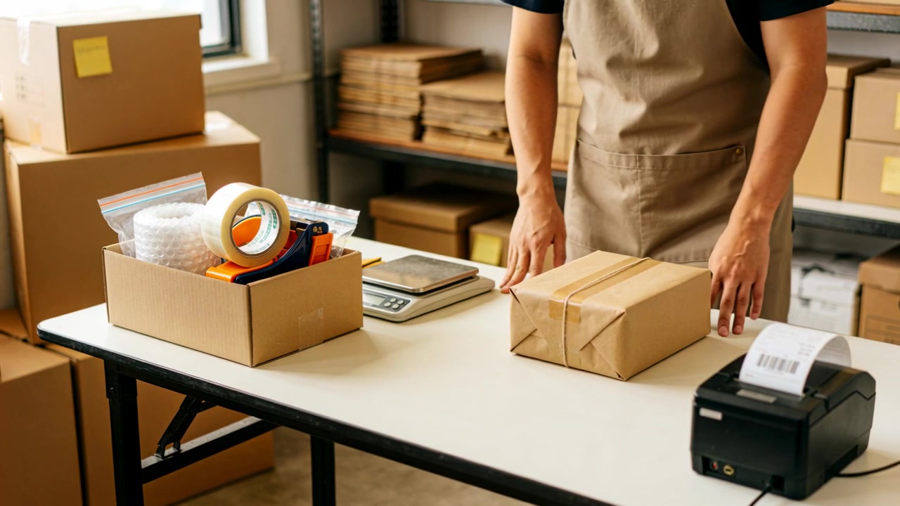 Grabbing tape from supply box, apron-wearing worker securing parcel on table for shipping