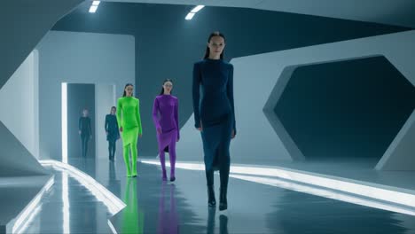 futuristic fashion showcase: models strut in vibrant, form-fitting attire amidst a sleek, modern environment with geometric shapes and striking lighting