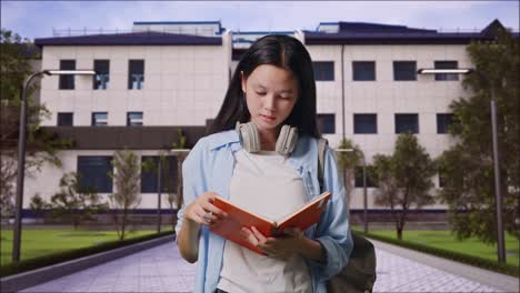 estudiante adolescente asiática con una mochila leyendo un libro y bostezando mientras está de pie frente a un edificio escolar