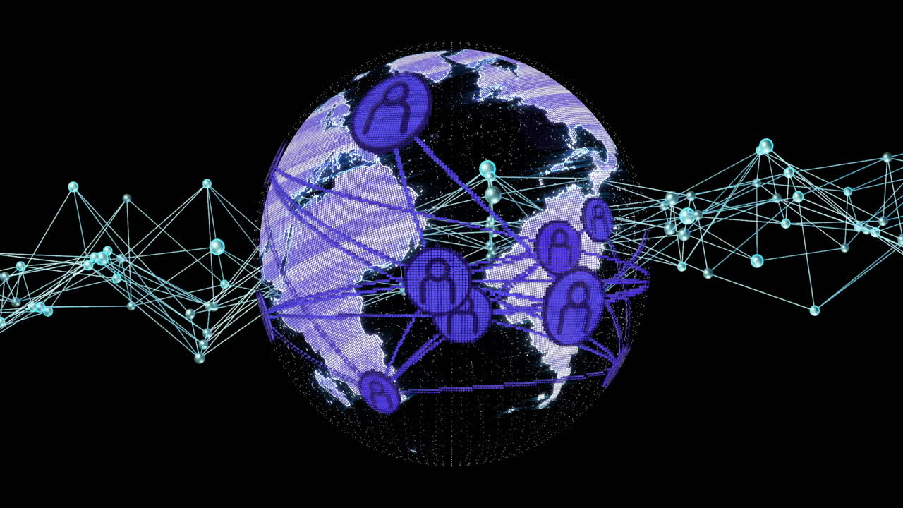 Global network of connections and user icons animation over rotating Earth