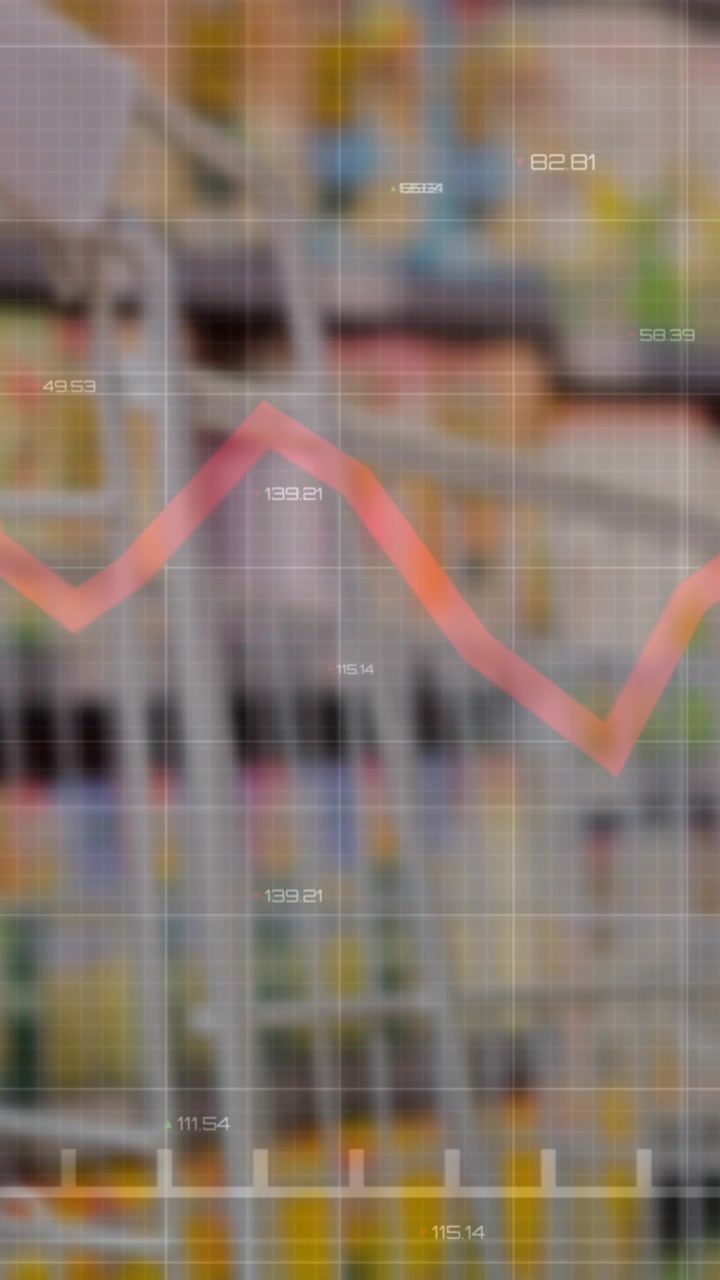 Animation af statistik og databehandling med rød linje over tom indkøbsvogn
