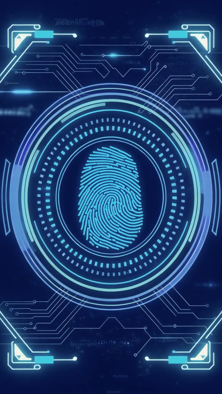 Digital Fingerprint Scanning Interface on Futuristic Blue Background