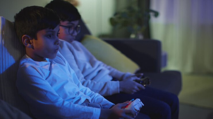 Seitenansicht von zwei jungen Jungen zu Hause, die spät in der Nacht Spaß beim Spielen mit einer Videospielkonsole am Fernseher haben und Controller halten