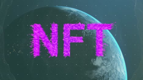 animation of nft text over globe and sun on black background