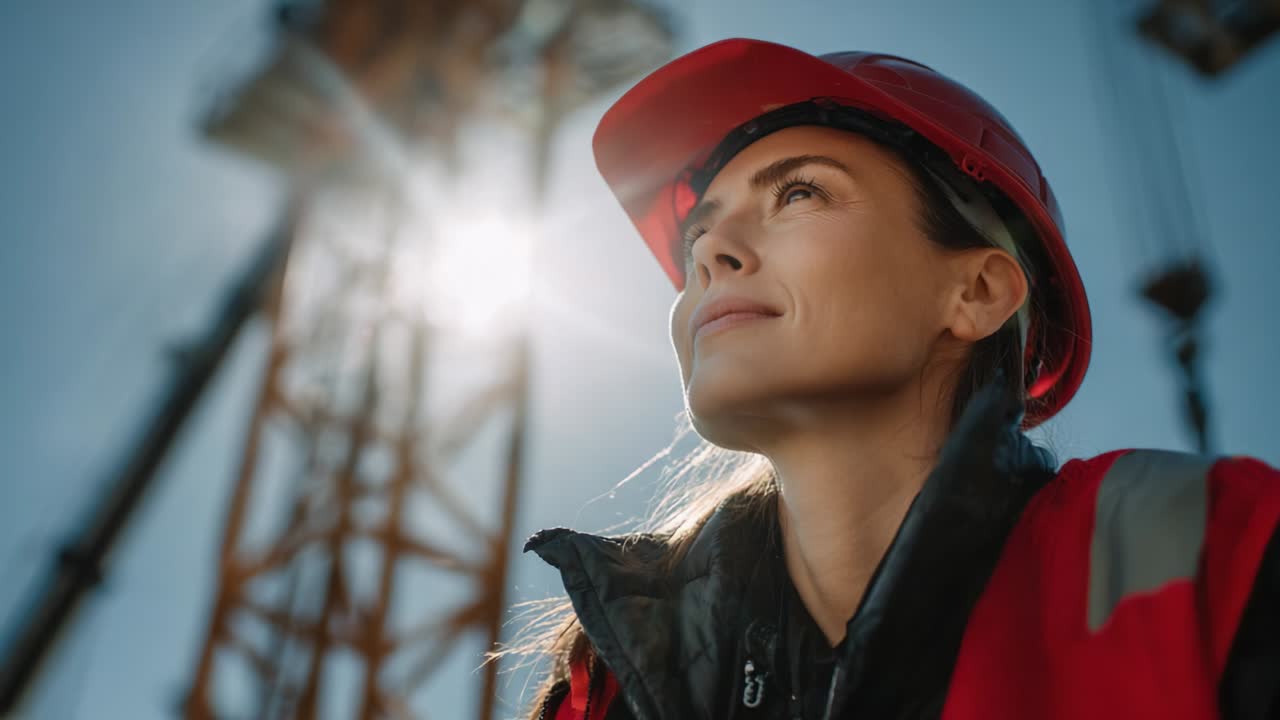 A Professional Construction Worker Smiling and Gazing Optimistically Towards the Future While Wearing a Red Hard Hat and Safety Gear Under the Sunlight at a Construction Site