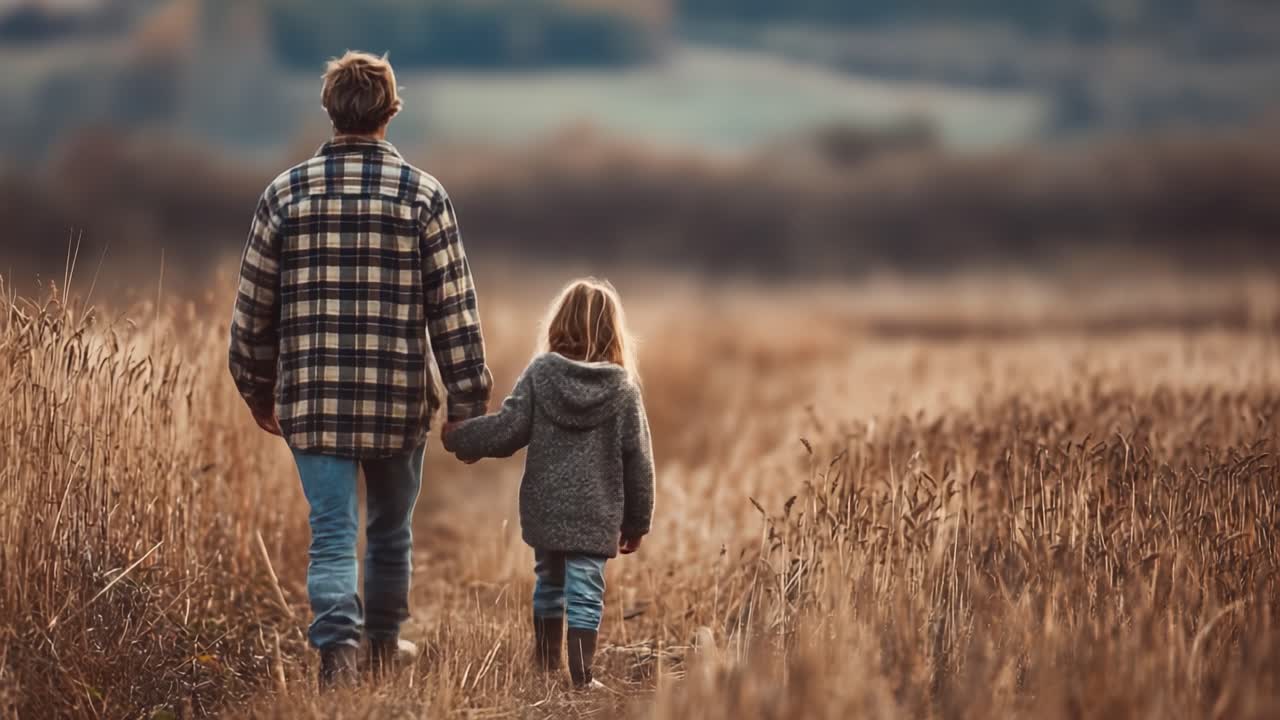 Un momento commovente di connessione: un genitore e un bambino camminano mano nella mano attraverso un campo sereno, abbracciando la natura e rafforzando il legame in un ambiente tranquillo.