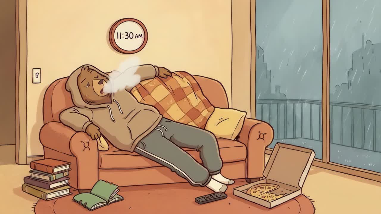 Animated Bear Waking Up and Relaxing on Couch on a Rainy Day