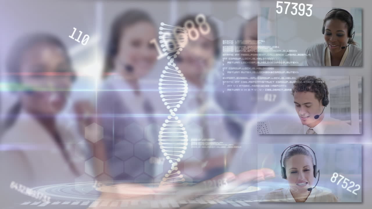 Animation of dna strand and numbers with data processing over screens with business people