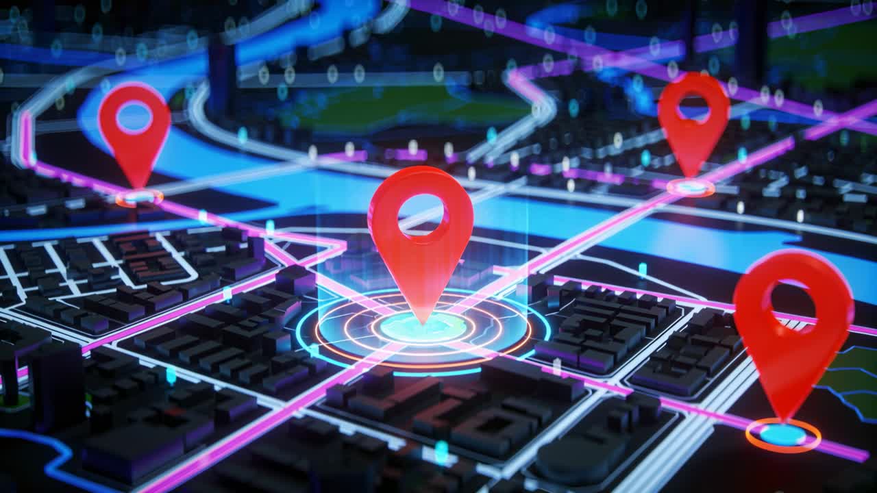 Telecamera in zoom che si avvicina a una puntina rossa centrale su una mappa di città al neon, con anelli pulsanti che evidenziano il bersaglio.