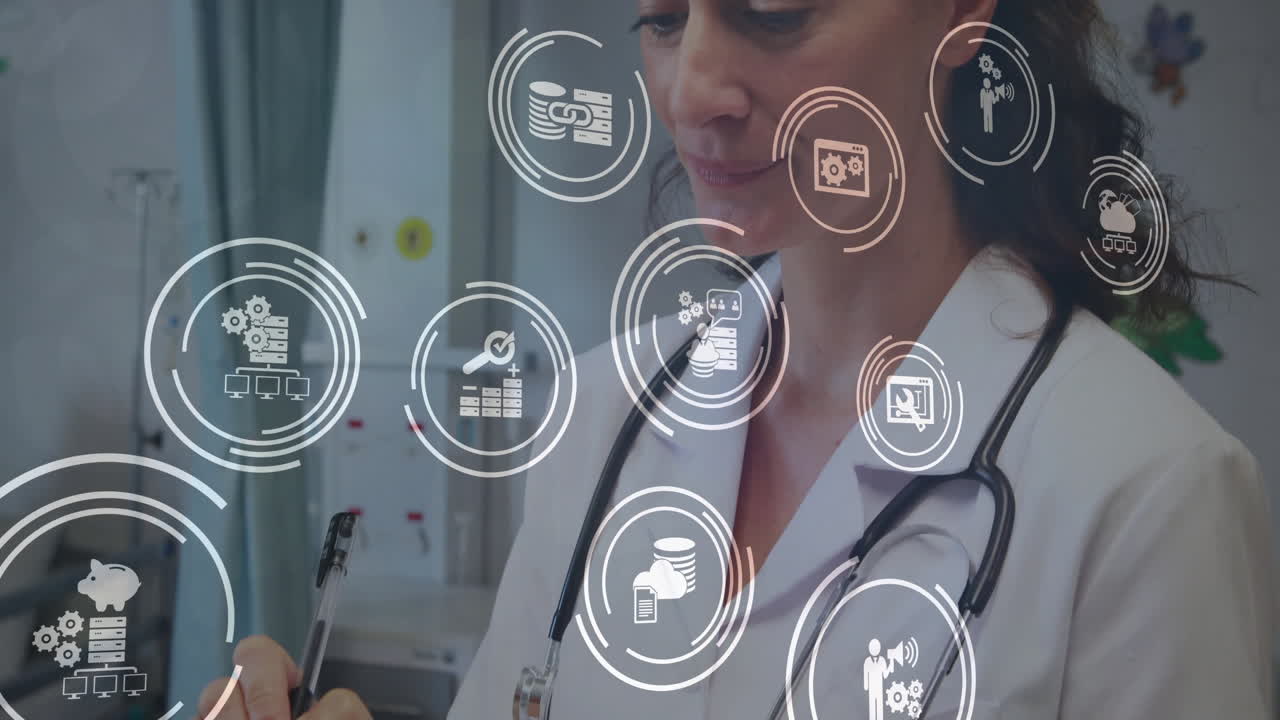 Medical technology icons animating over healthcare professional working in hospital