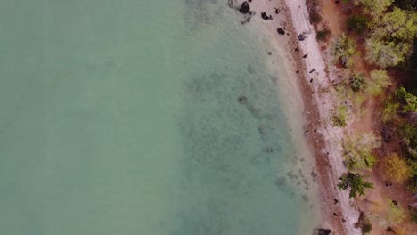 toma aérea de arriba hacia abajo de una costa con agua azul verdosa y arena blanca en la bahía de khao ta mong lai
