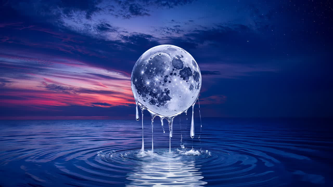 The beautiful moon is reflected on water surrounded by vibrant sunset colors in the sky