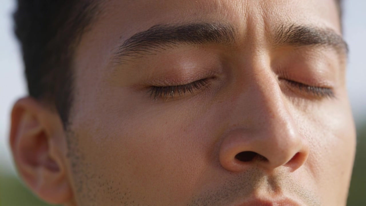 Mostrando el rostro de un hombre adulto respirando, con las fosas nasales moviéndose mientras los ojos permanecen cerrados al aire libre.
