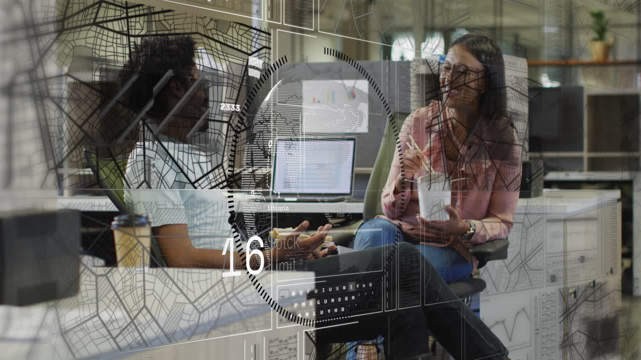 Man gesturing at laptop discussing work, causing map grid and dial, numbers rising, woman eating