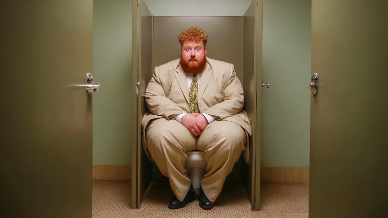 A solitary figure in a suit sits nervously in a public restroom stall, creating a humorous yet awkward contrast between formal attire and the unconventional setting, evoking curiosity