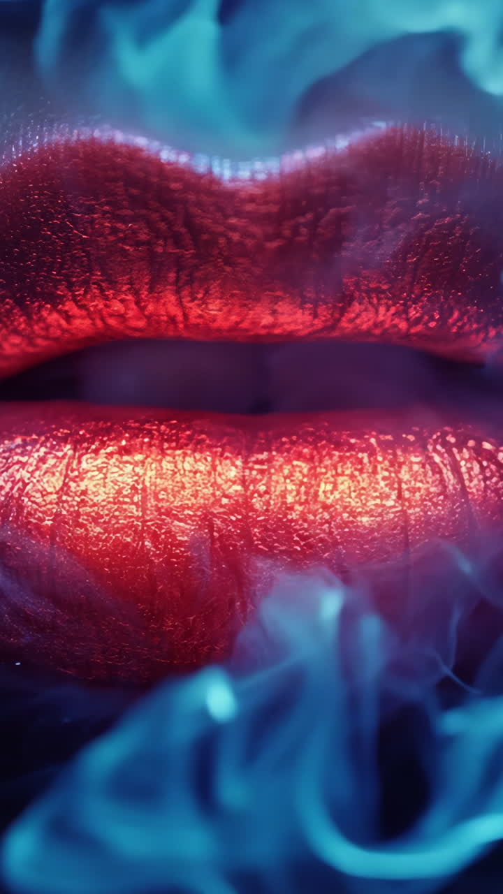 A woman's lips are painted red and are surrounded by smoke. The lips are the main focus of the image, and the smoke adds a dramatic and mysterious atmosphere