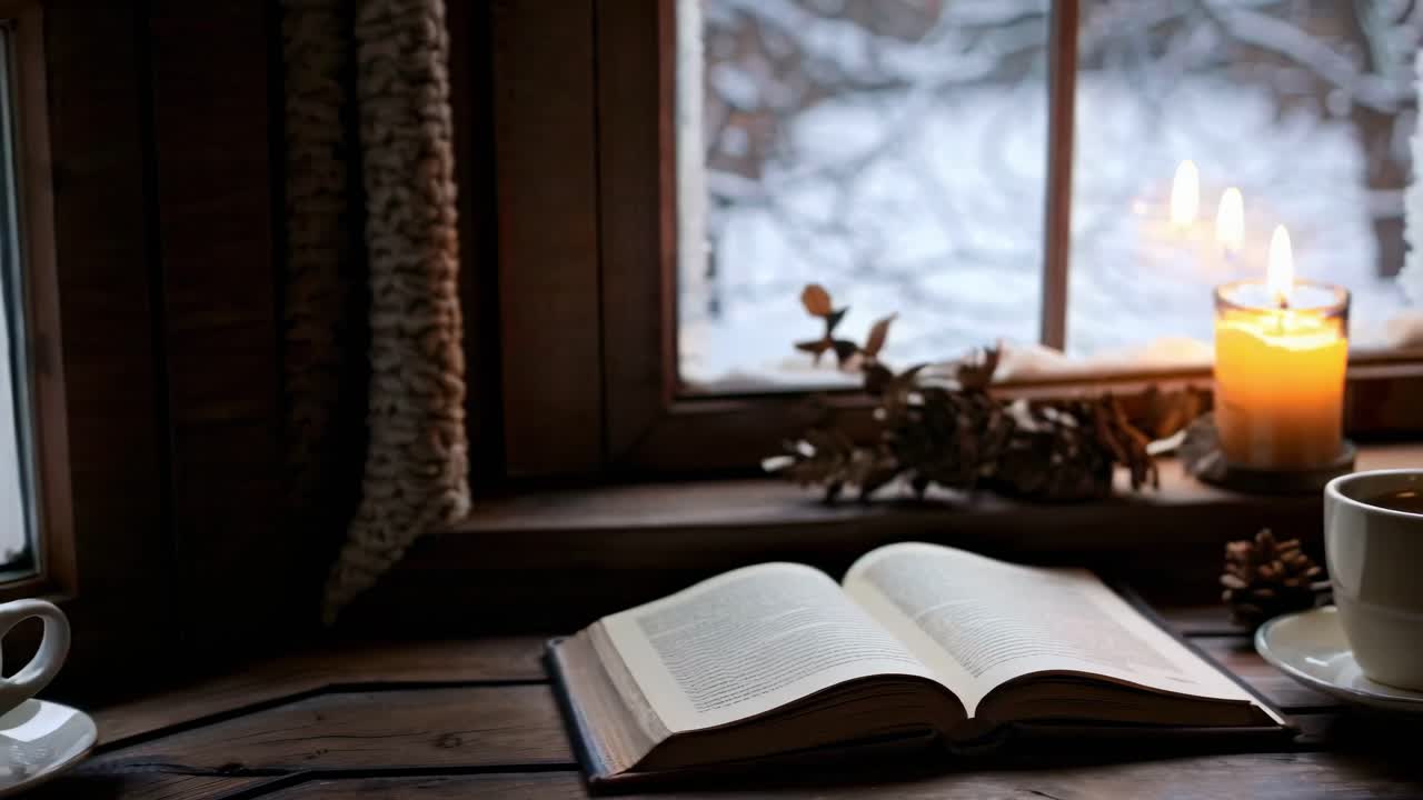 Video di un'accogliente scena invernale con una vista dal basso di una tazza di caffè e una coperta di lana accanto a un vetro gelido