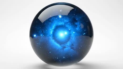 a glossy sphere encasing a blue galaxy and stars