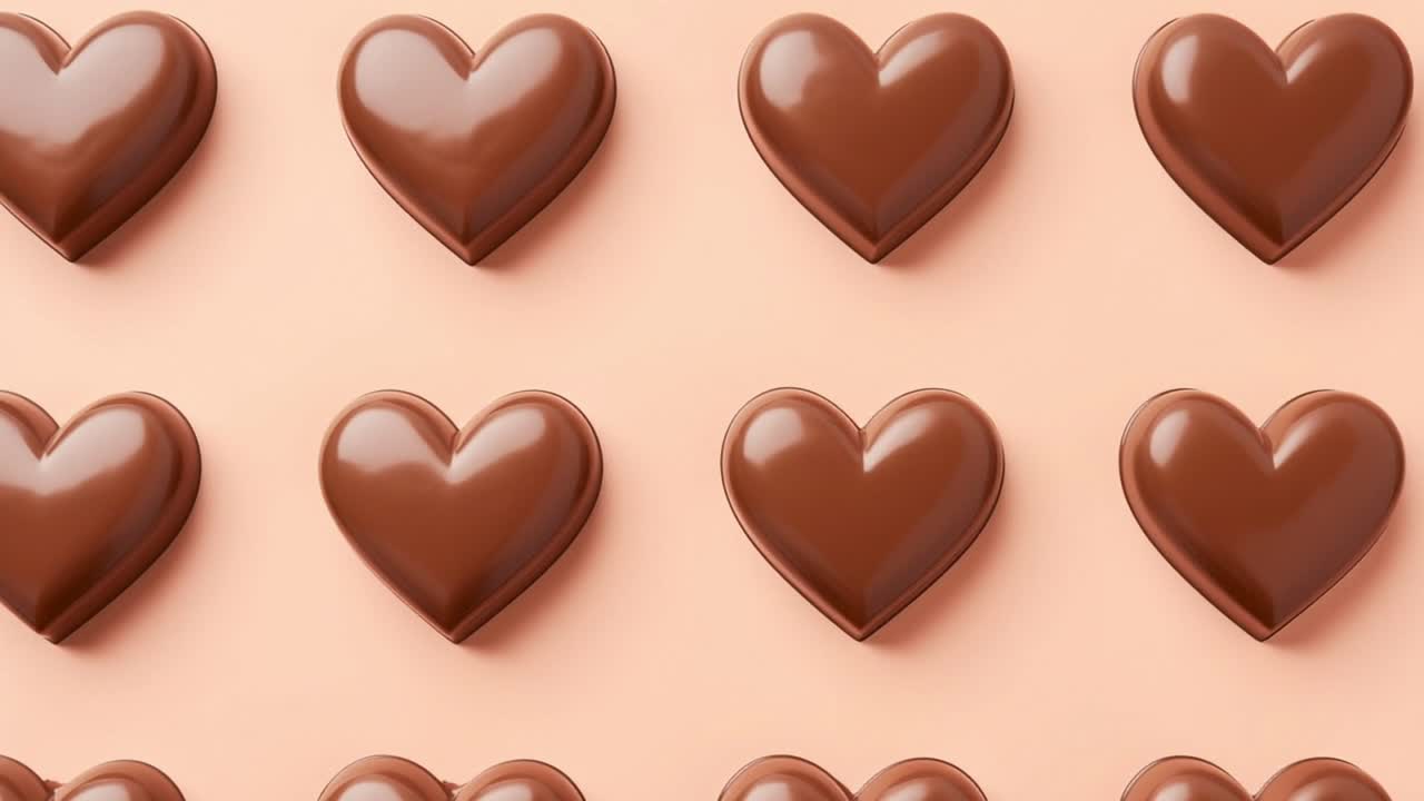 Delicious milk chocolate heart shaped candies arranged in perfect rows on a vibrant pink background, creating a sweet and romantic pattern, ideal for celebrating love and special occasions