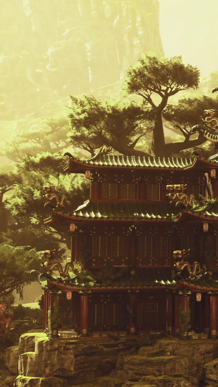 Majestic ancient temple surrounded by vibrant nature during golden hour