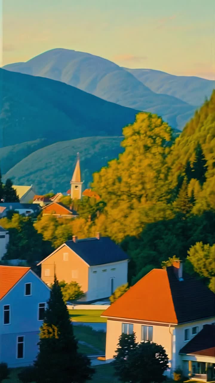 A serene landscape video still with a high-angle view of quaint houses, lush trees, and distant